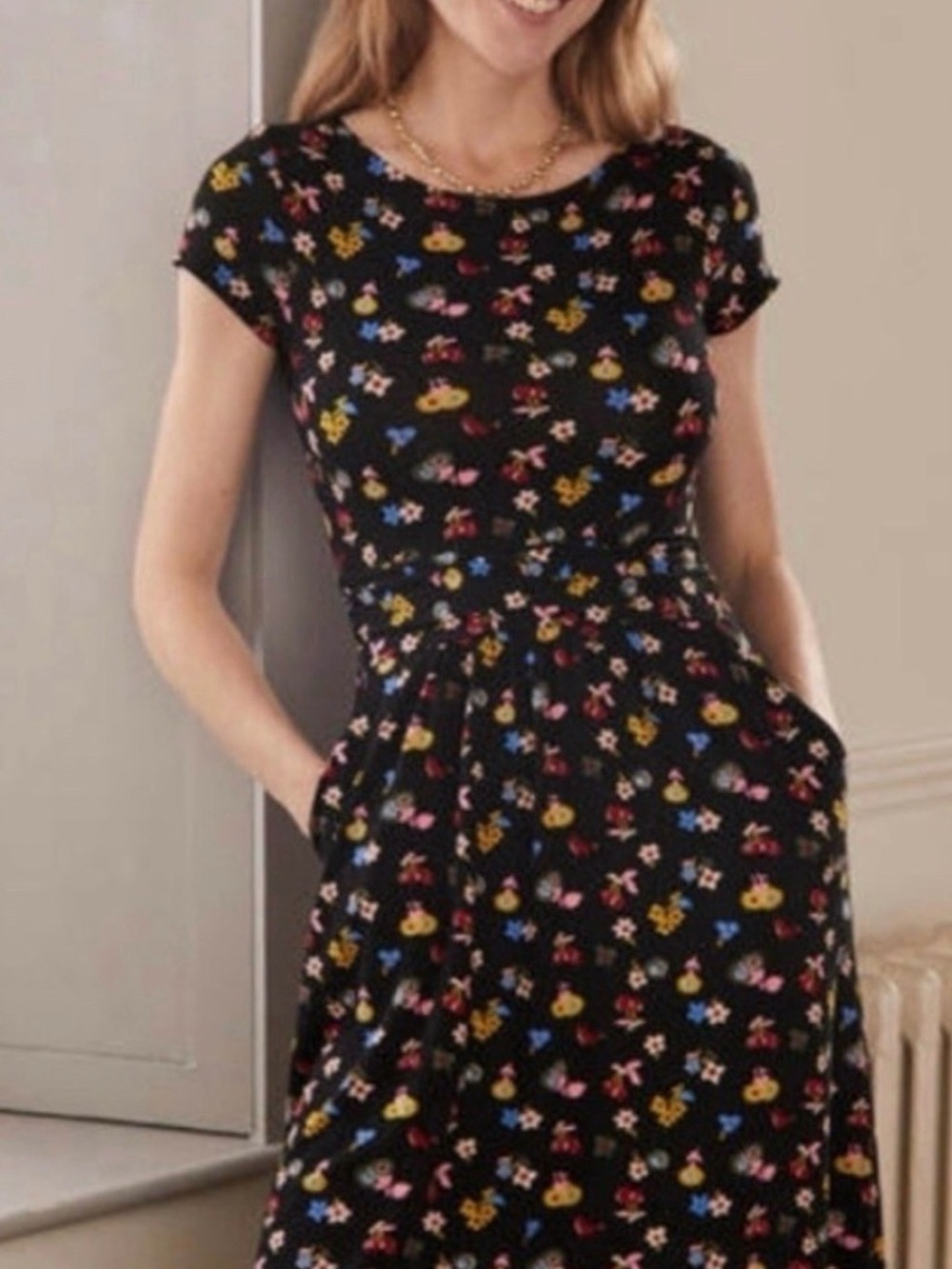 Boden Amelie Black Floral Fit-and-Flare Dress with Pockets